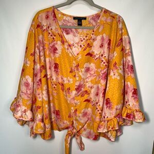 A Love Story Women's V-Neck Front Tie Bell Sleeve Blouse Yellow & Pink Size 2x